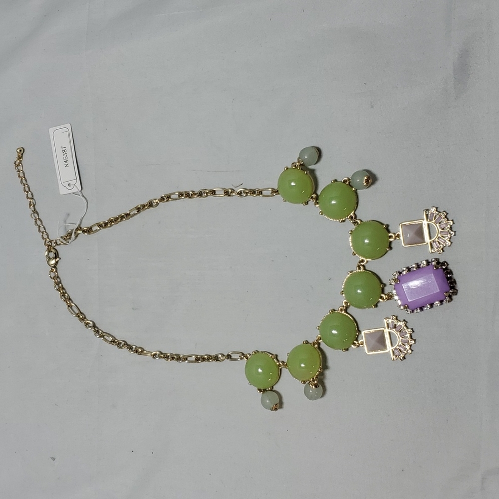 Bijou Drive gold chain necklace with green and lavender stones with rhinestones - Picture 3 of 4